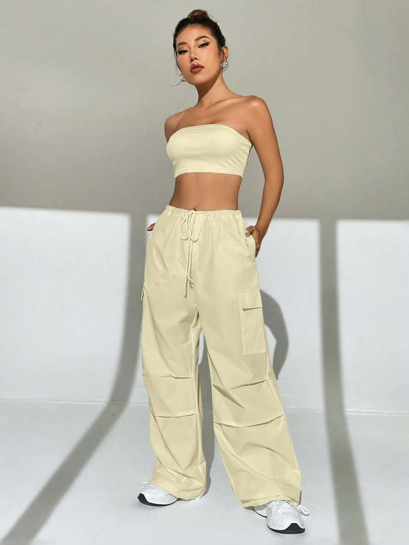 Tube Top And Drawstring Waist Cargo Pants