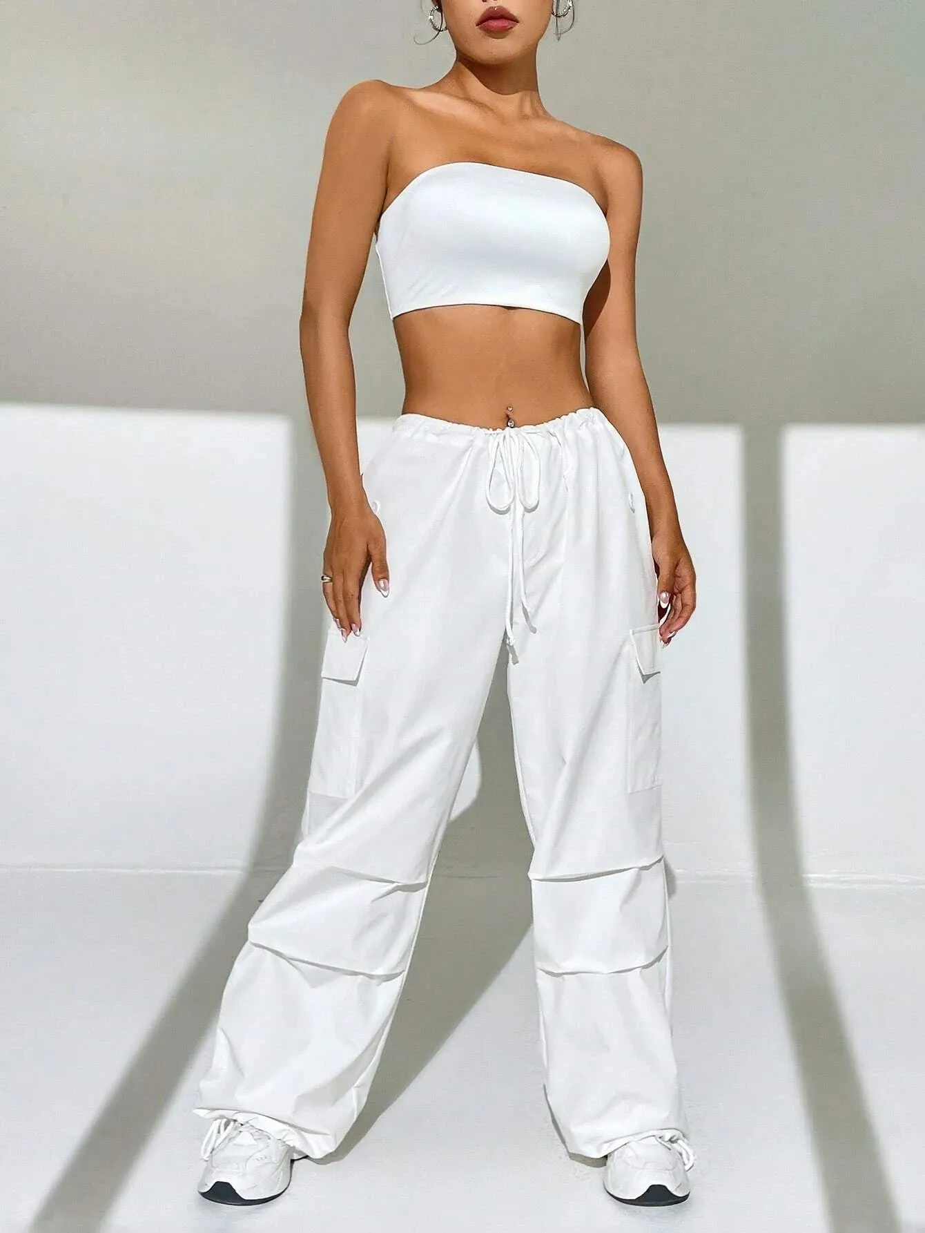 Tube Top And Drawstring Waist Cargo Pants