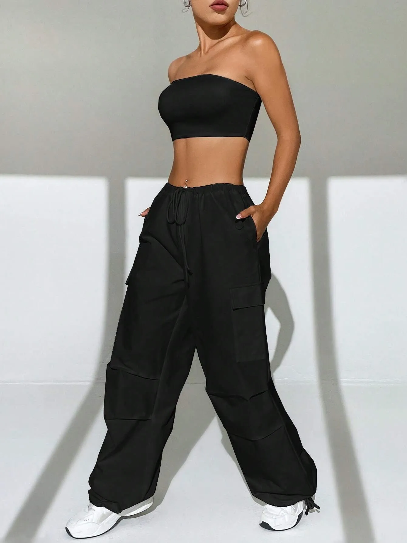 Tube Top And Drawstring Waist Cargo Pants