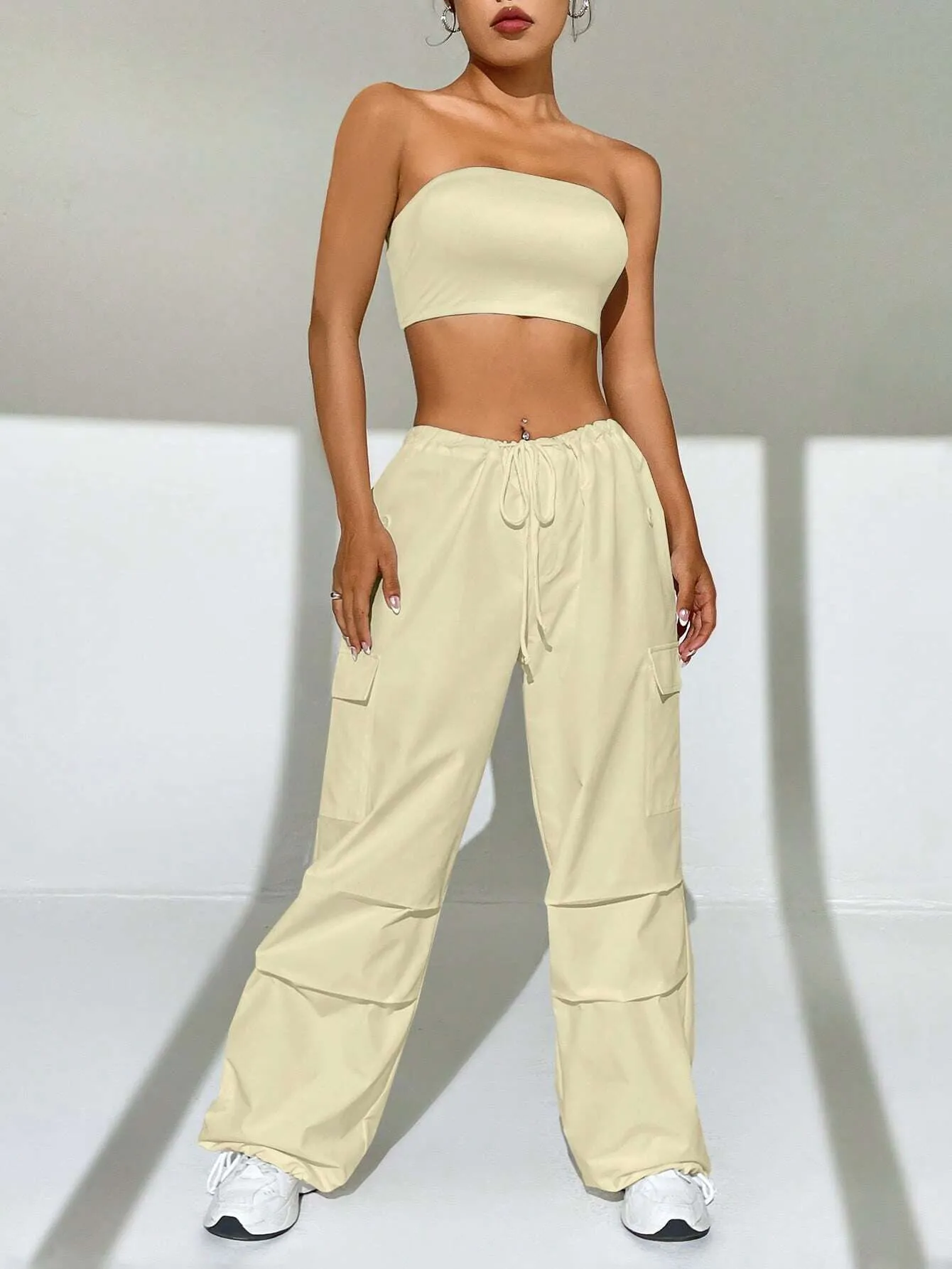 Tube Top And Drawstring Waist Cargo Pants