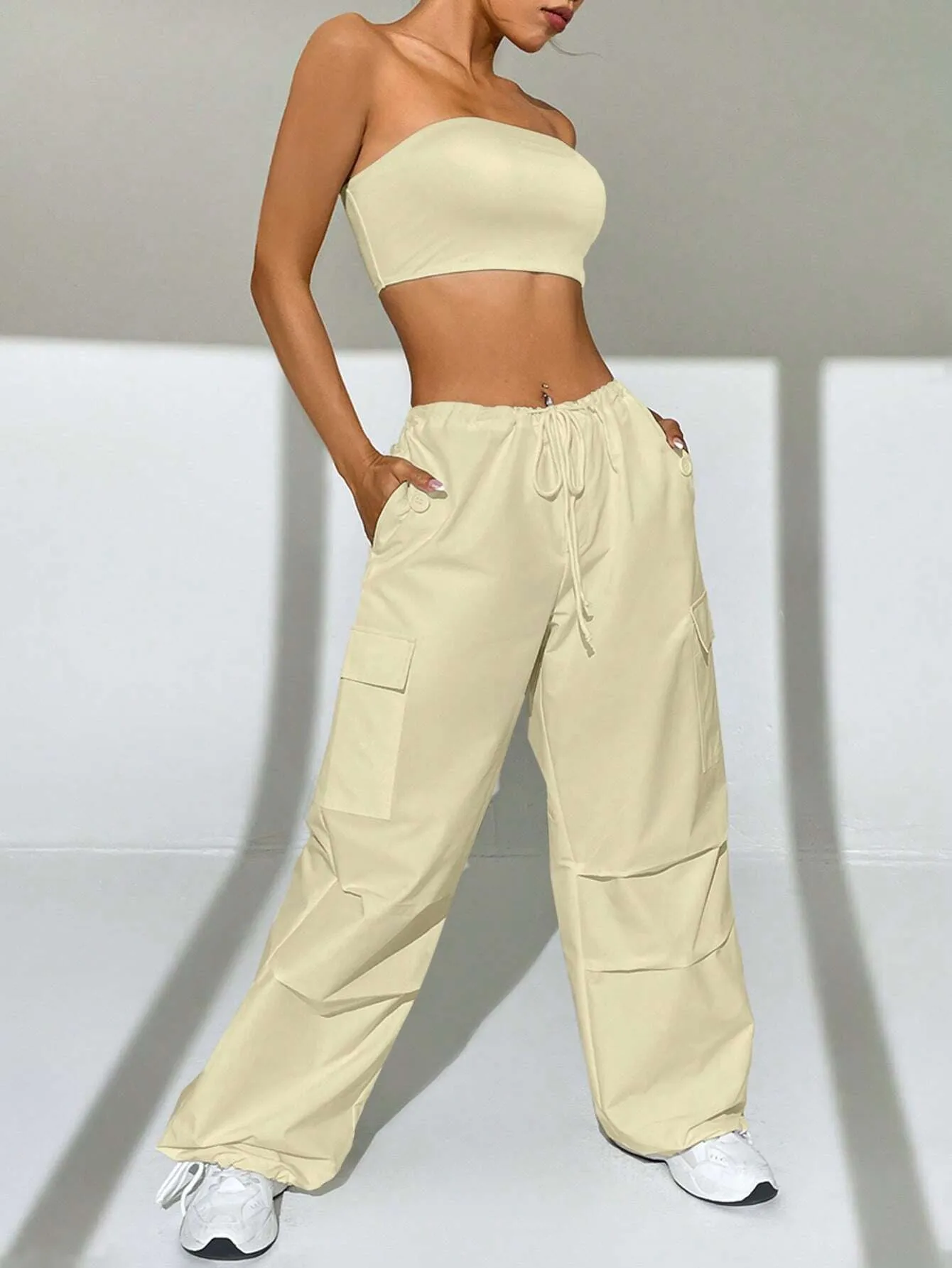 Tube Top And Drawstring Waist Cargo Pants