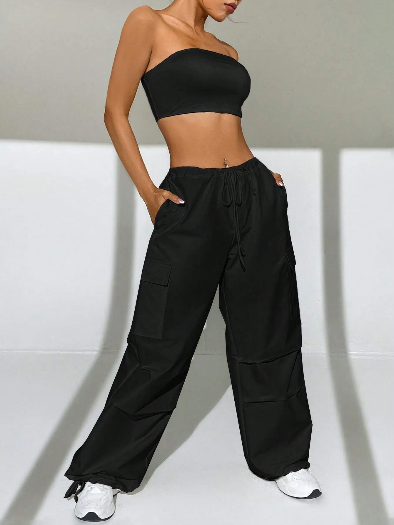 Tube Top And Drawstring Waist Cargo Pants