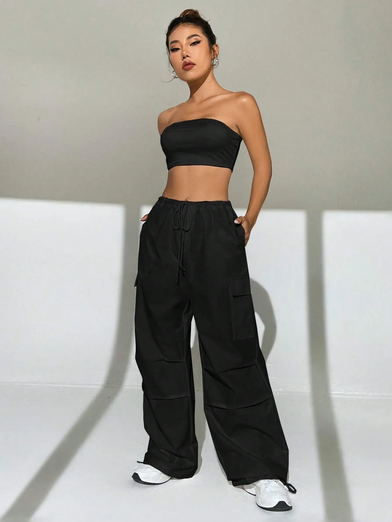 Tube Top And Drawstring Waist Cargo Pants