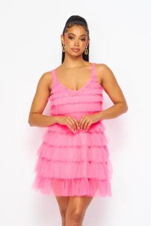 Tulle Tiered Tank Dress - Hot Pink -