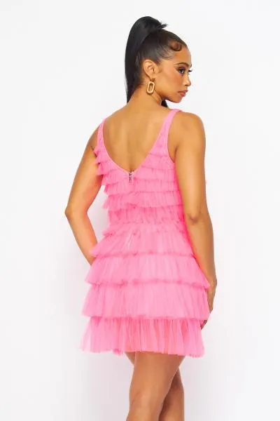 Tulle Tiered Tank Dress - Hot Pink -