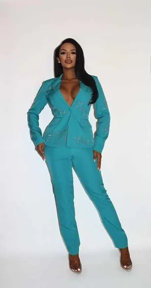 Two-Piece Power Suit Blazer With Rhinestone Letterings