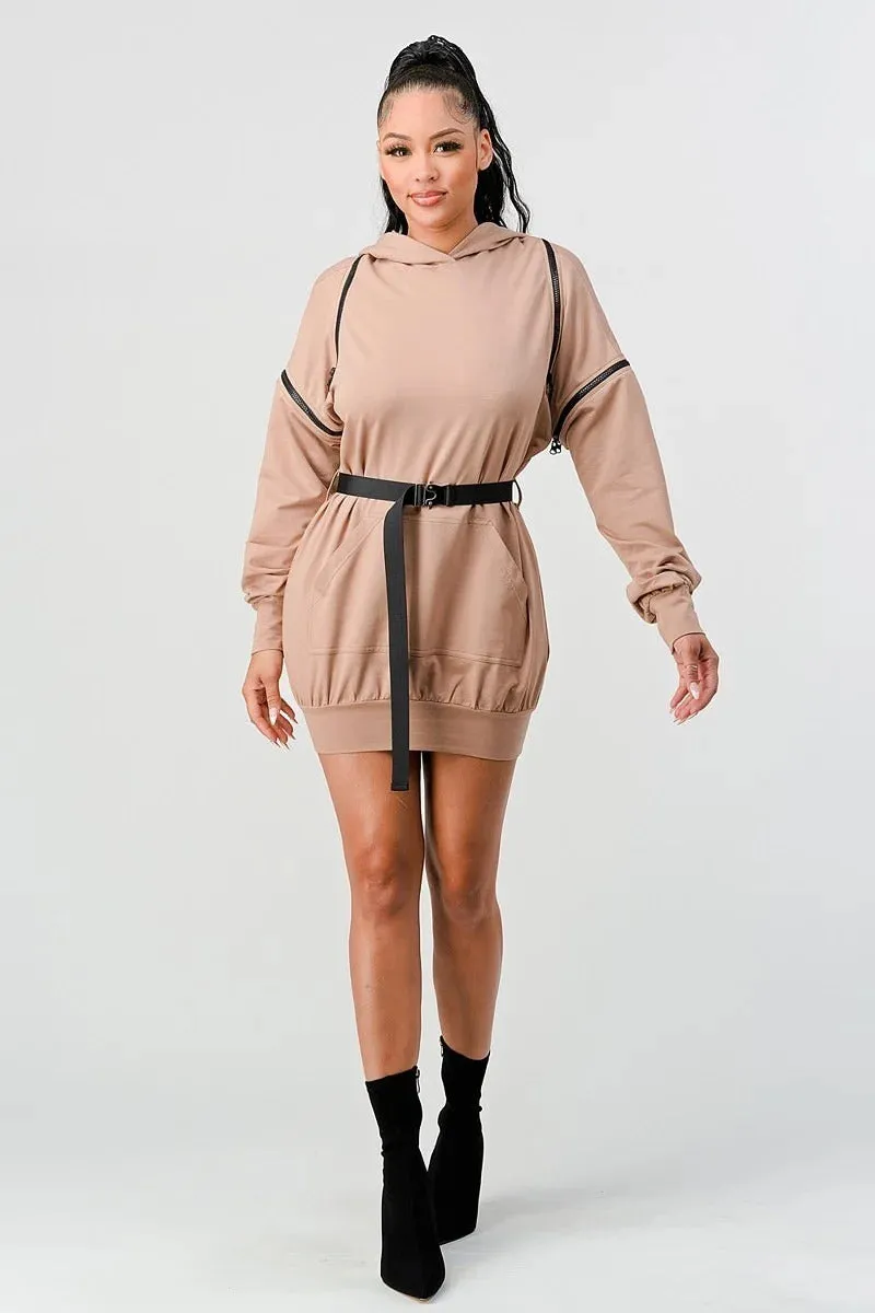 UN-Zip It Long Sleeve Hooded Mini Dress - Ships from The US