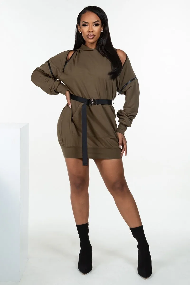 UN-Zip It Long Sleeve Hooded Mini Dress - Ships from The US