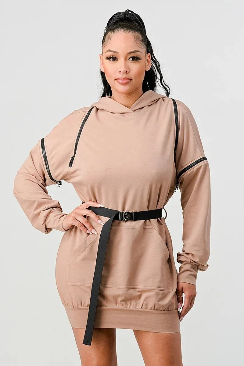 UN-Zip It Long Sleeve Hooded Mini Dress - Ships from The US