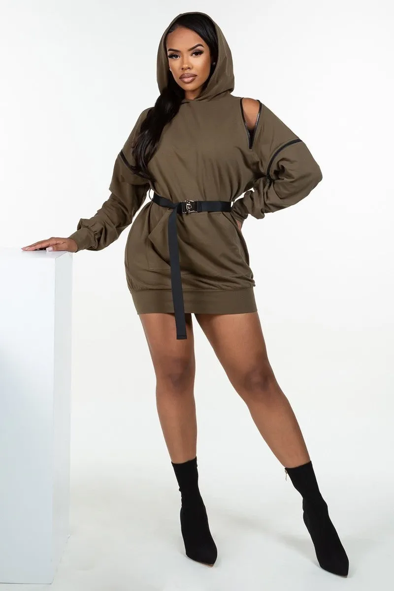 UN-Zip It Long Sleeve Hooded Mini Dress - Ships from The US