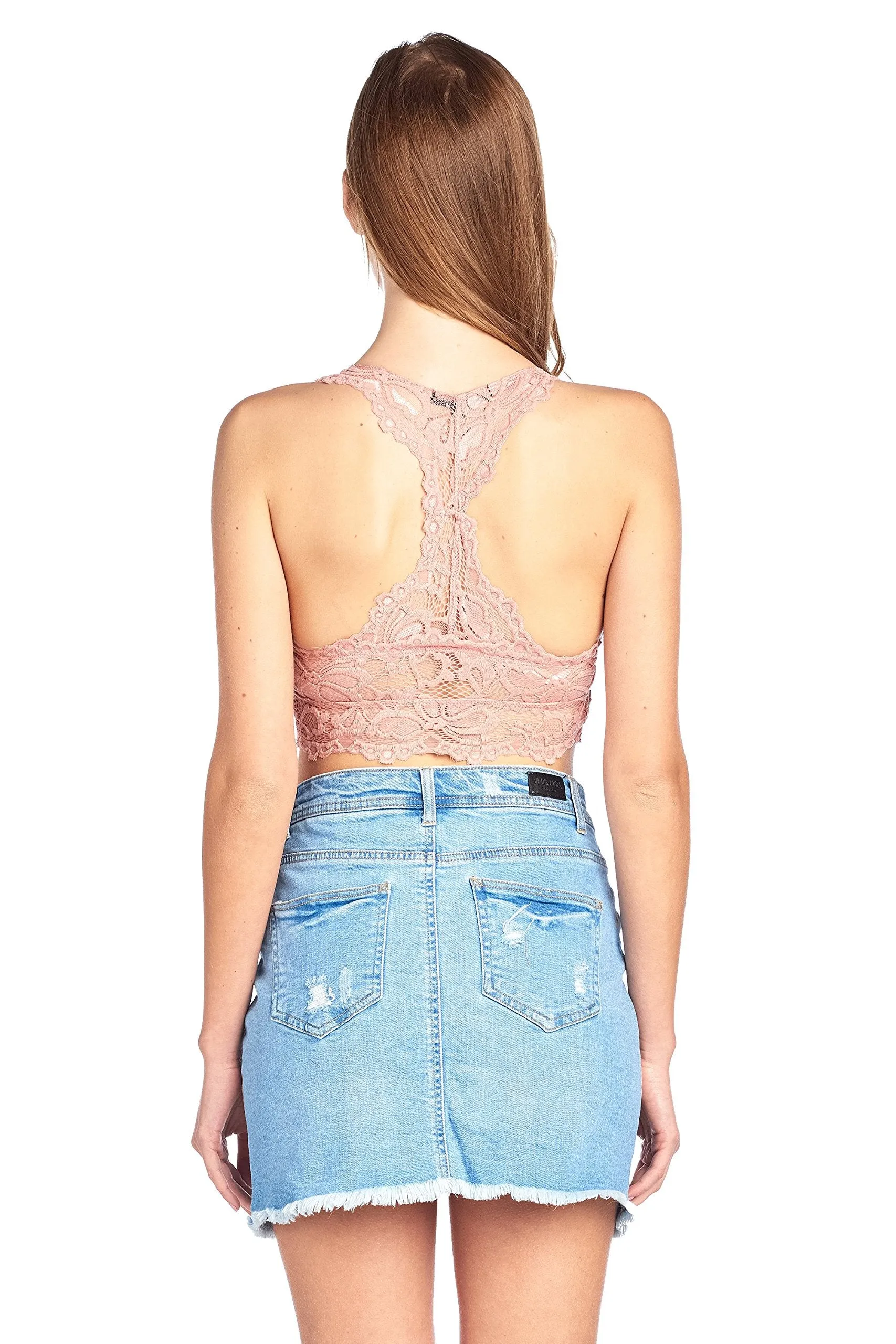 V Neck Front T-Back Scalloped Allover Lace Bralette Top