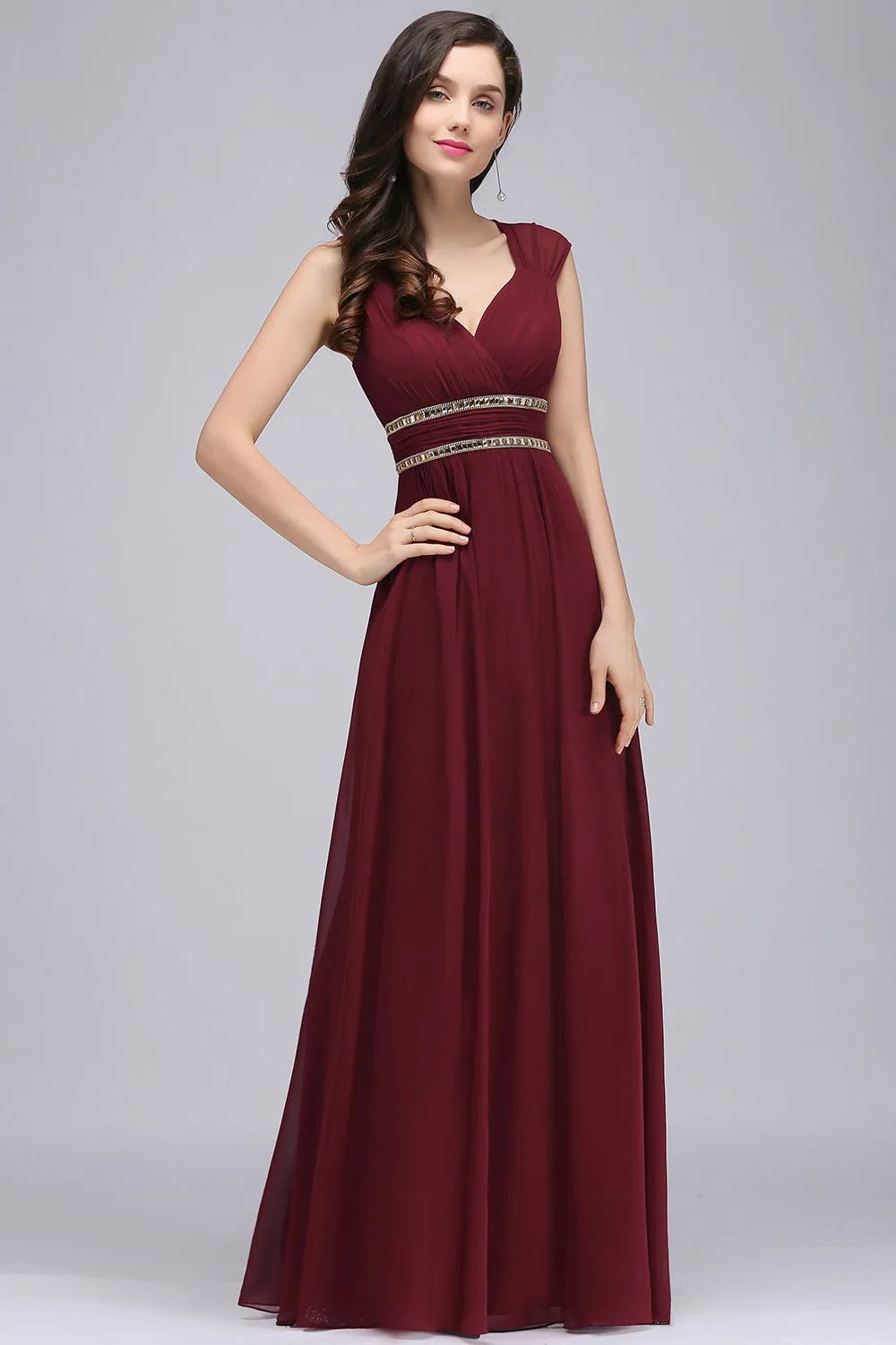 Vintage A-Line Chiffon V-Neck Long Bridesmaid Dresses with Beadings