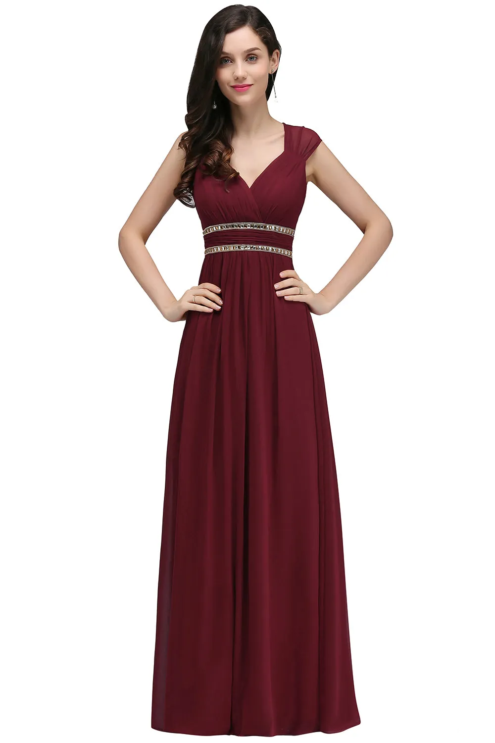 Vintage A-Line Chiffon V-Neck Long Bridesmaid Dresses with Beadings
