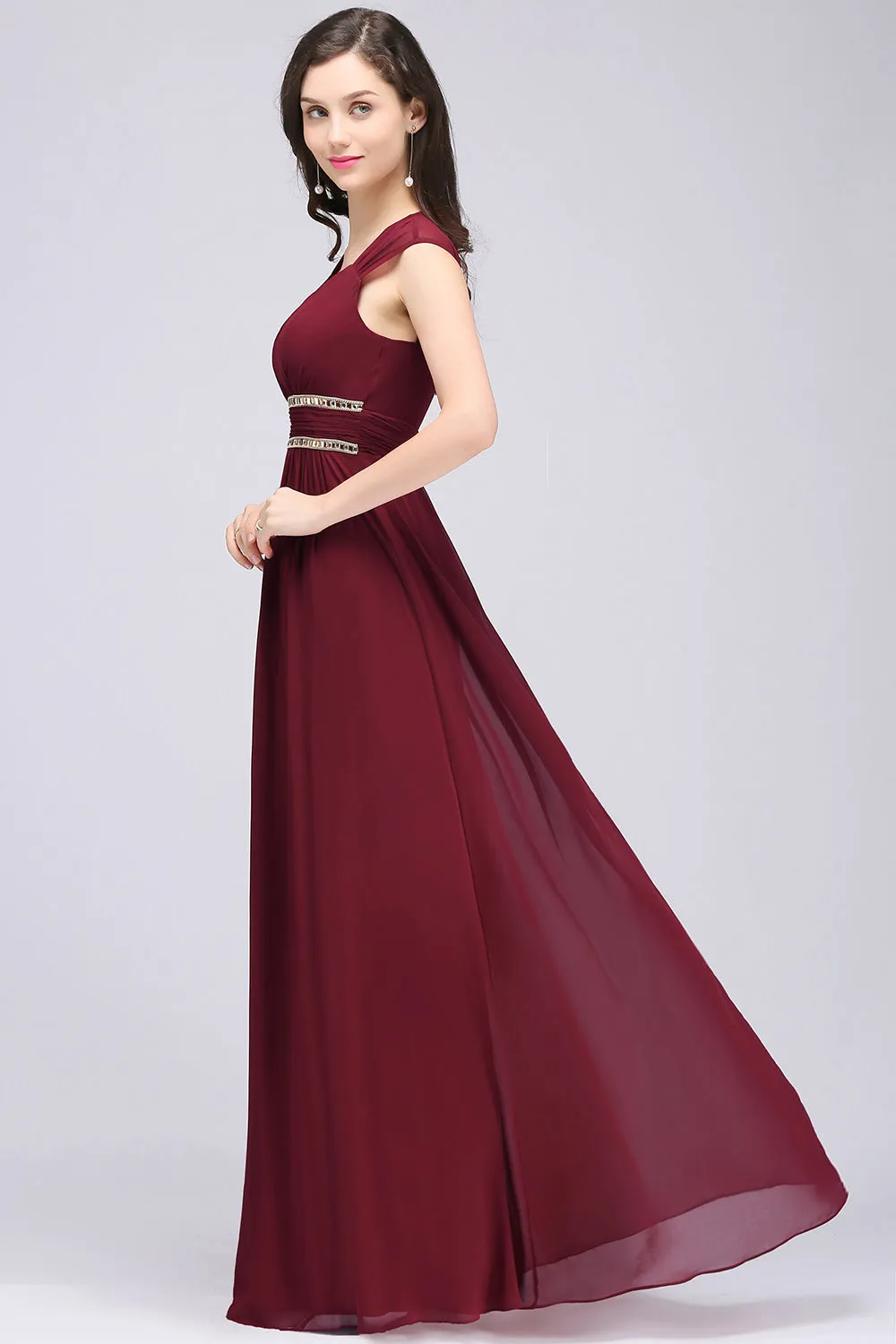 Vintage A-Line Chiffon V-Neck Long Bridesmaid Dresses with Beadings