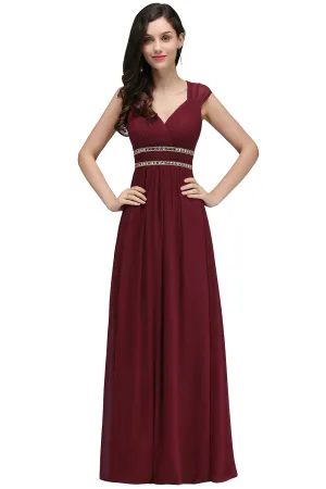 Vintage A-Line Chiffon V-Neck Long Bridesmaid Dresses with Beadings