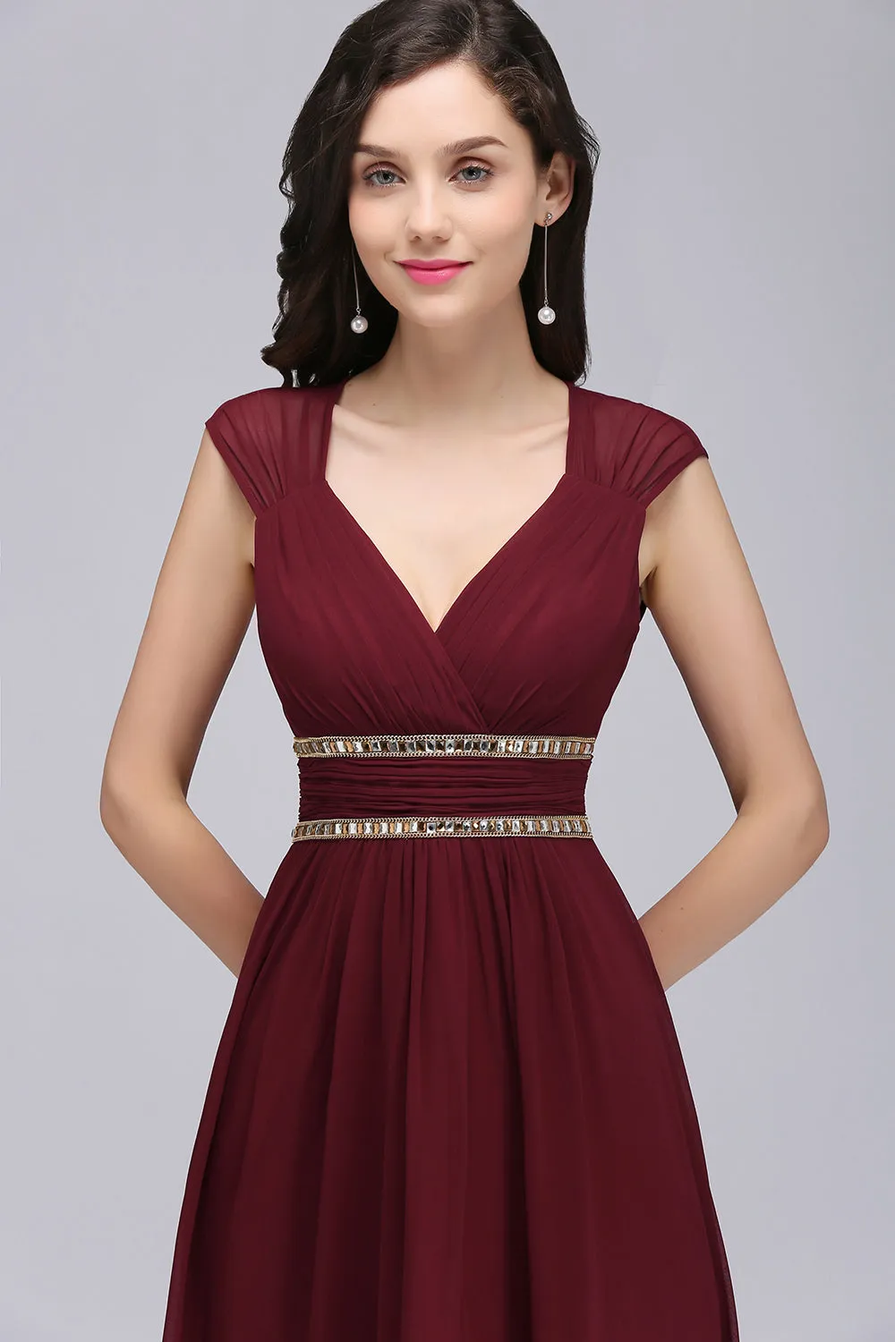 Vintage A-Line Chiffon V-Neck Long Bridesmaid Dresses with Beadings