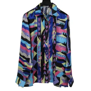 Vintage Pajama Shirt Floral Silk Button Down Purple Blue Pink