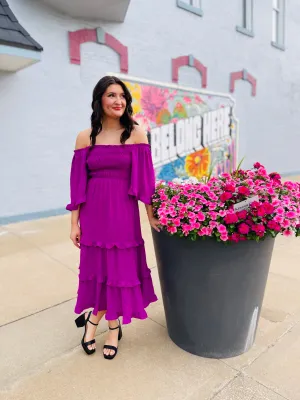 Violet Smocked Square Neck Tiered Midi Dress