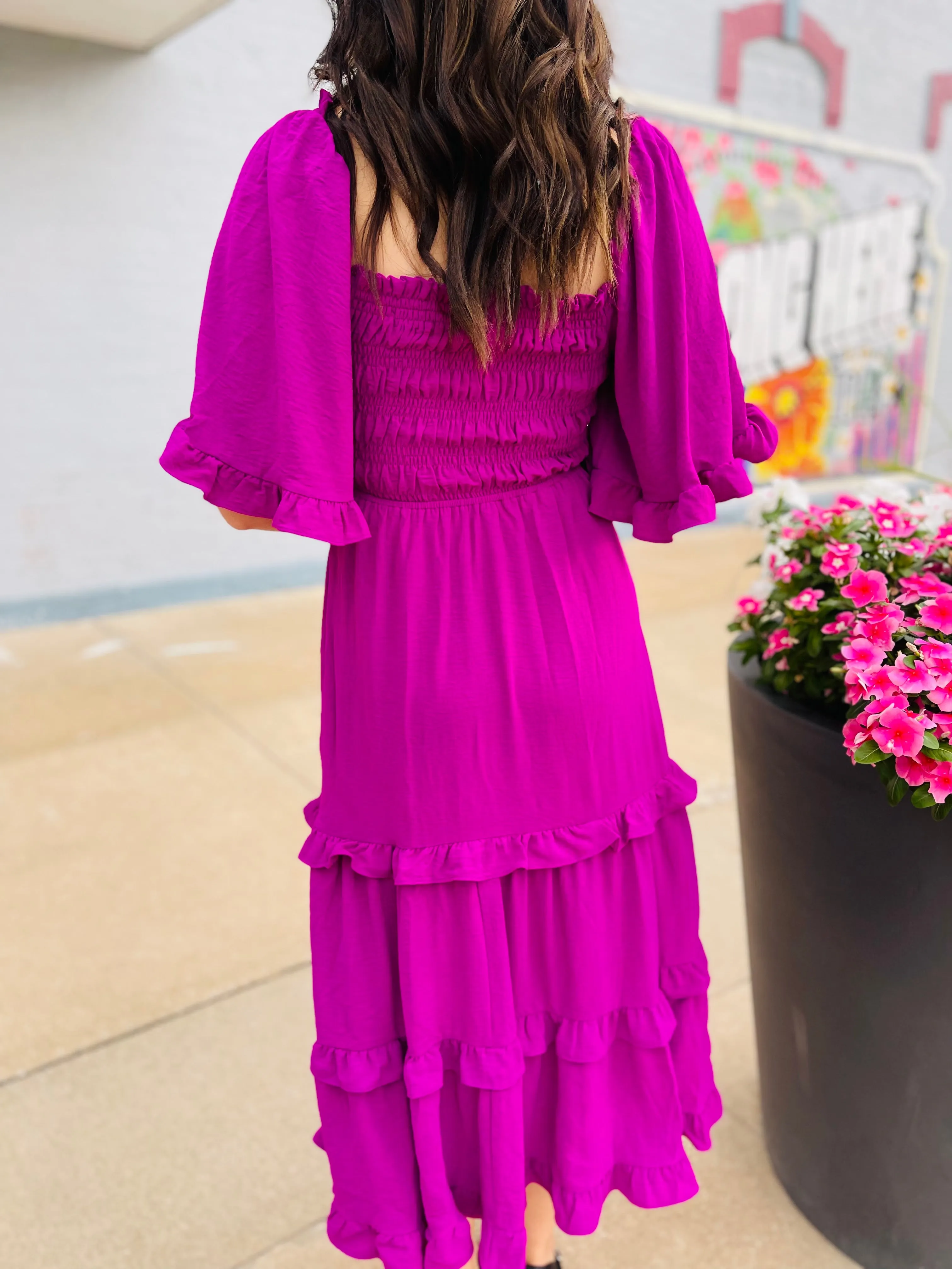 Violet Smocked Square Neck Tiered Midi Dress