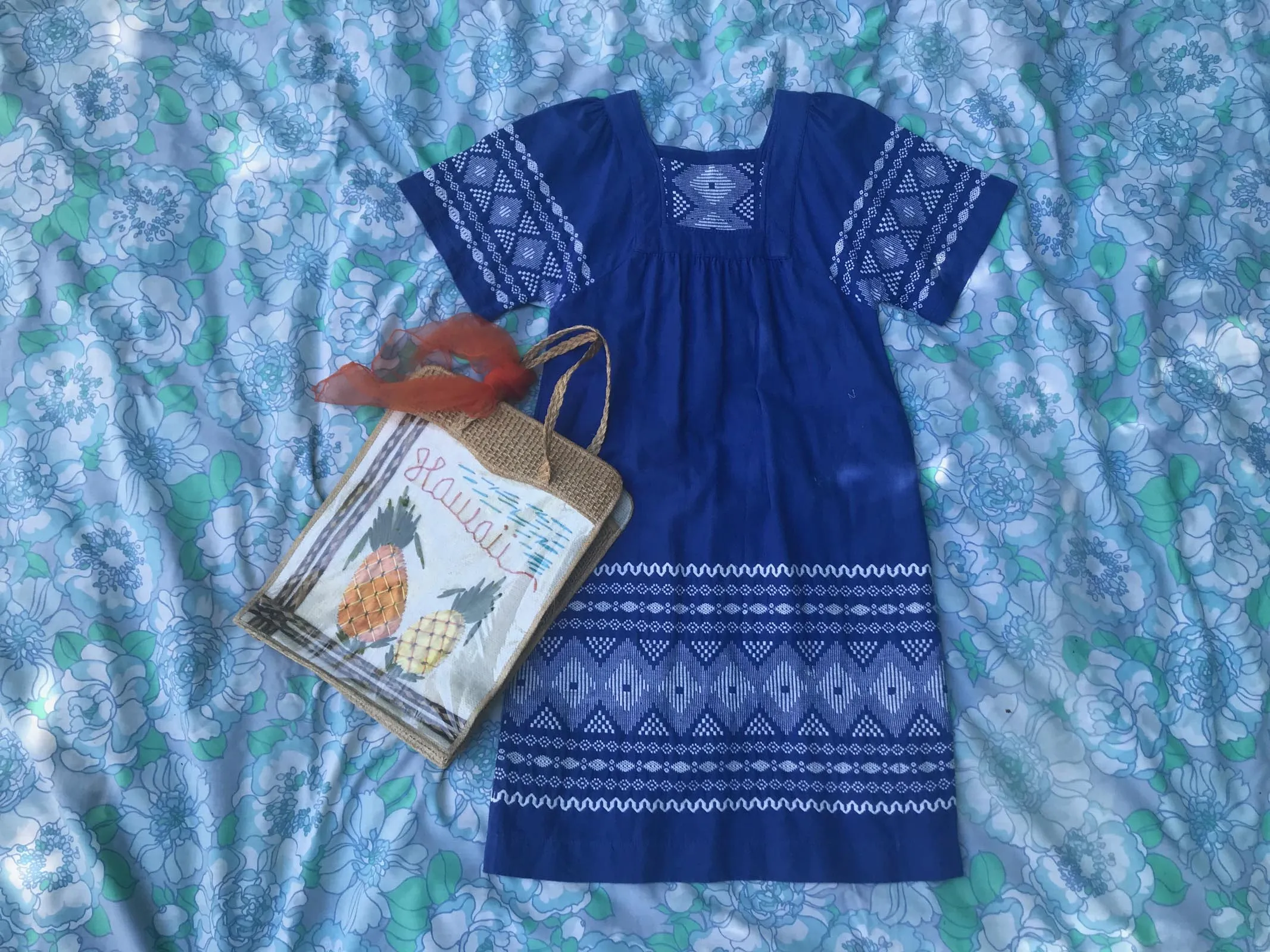 VTG 70s | Mexican MuuMuu Hippie Cotton Oaxacan Caftan Boho Dress | Free Size