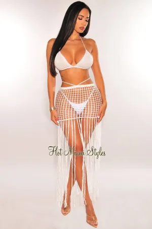 White Crochet Triangle Top Bikini Fringe Skirt Three Piece Set