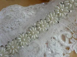 White Floral Pearl Work Embroidered Border