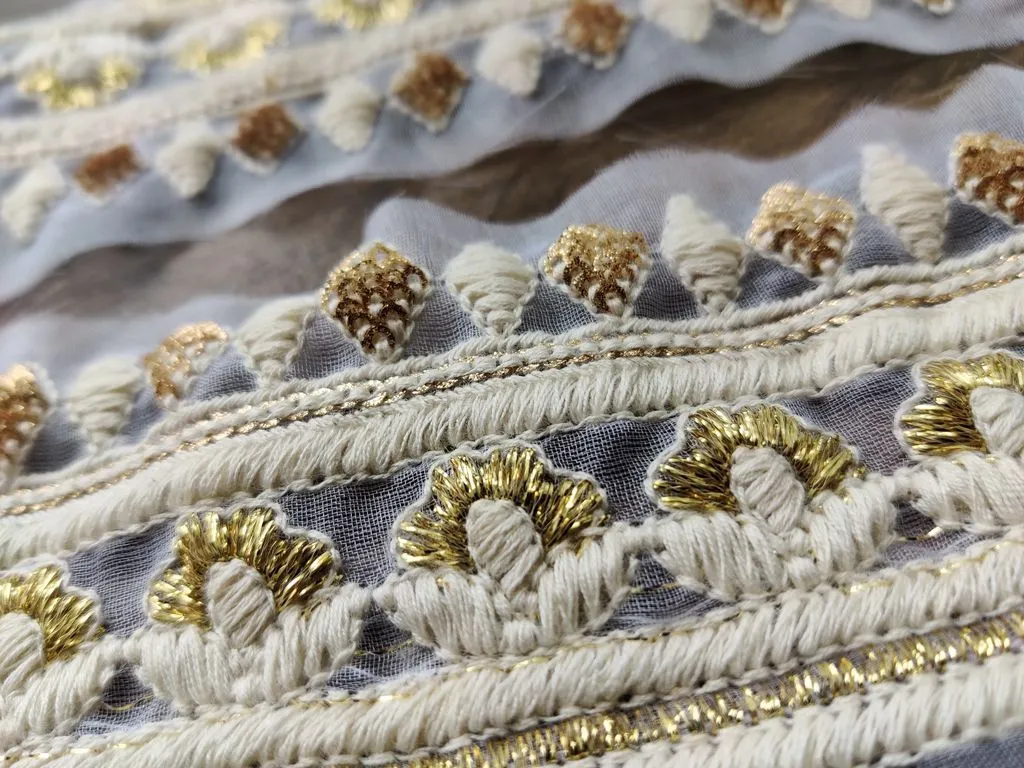 White Golden Designer Lakhnawi Thread and Sequins Work Dyeable Organza Embroidered Border