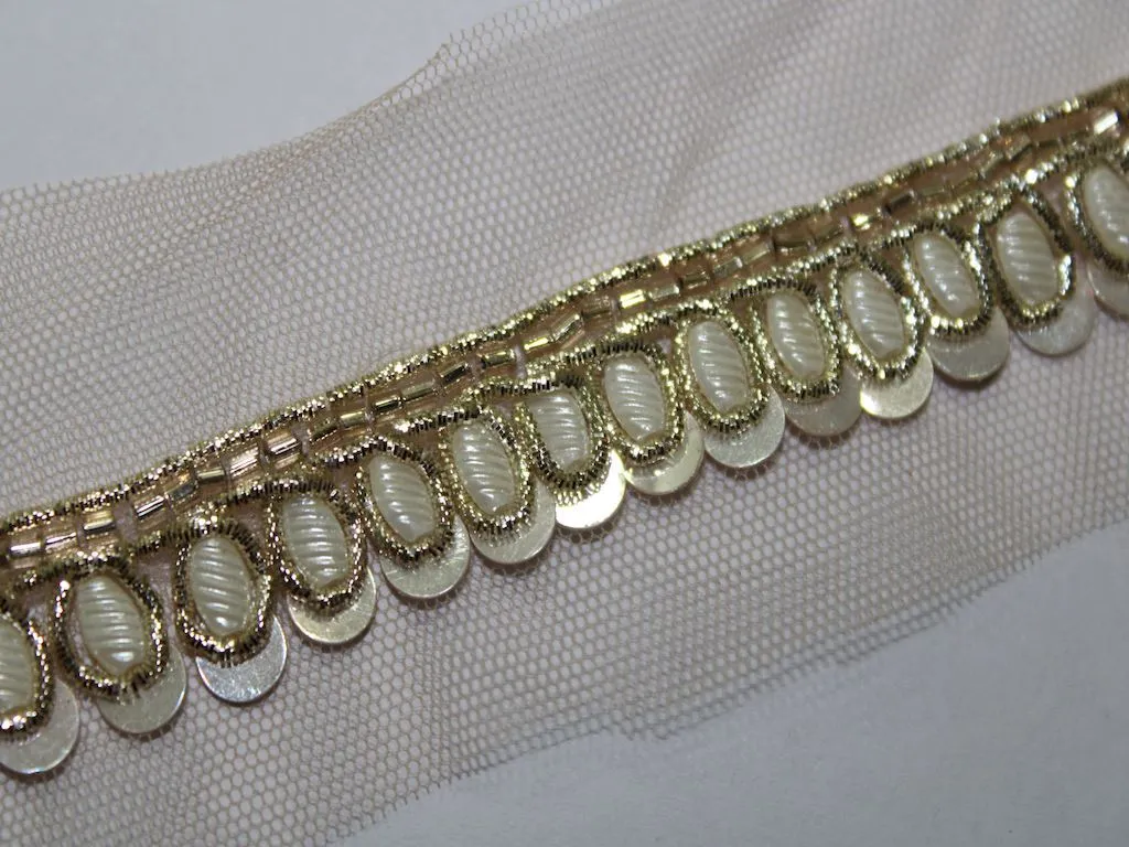 White Golden Fancy Sequins and Stone Work Embroidered Border