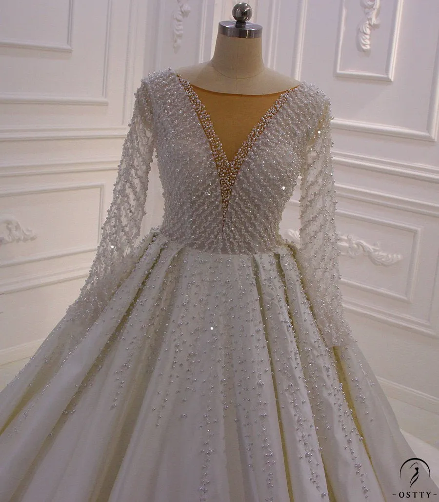 White Long Sleeve Vintage Beading Wedding Dress OS859