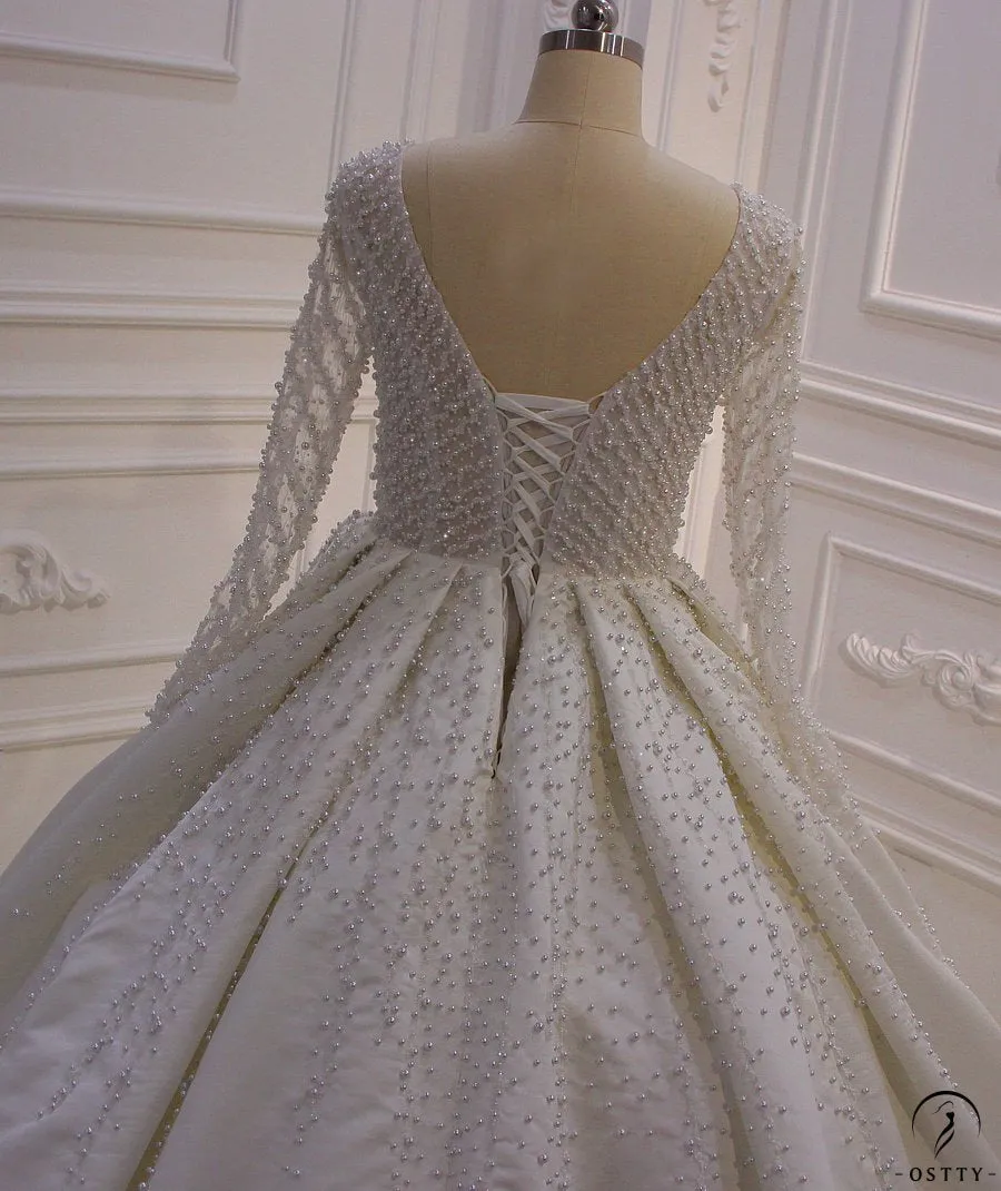 White Long Sleeve Vintage Beading Wedding Dress OS859