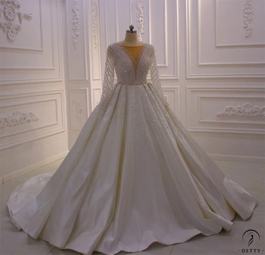White Long Sleeve Vintage Beading Wedding Dress OS859