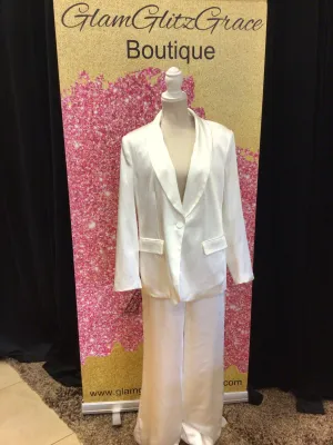 White Satin Blazer Pants Suit Set