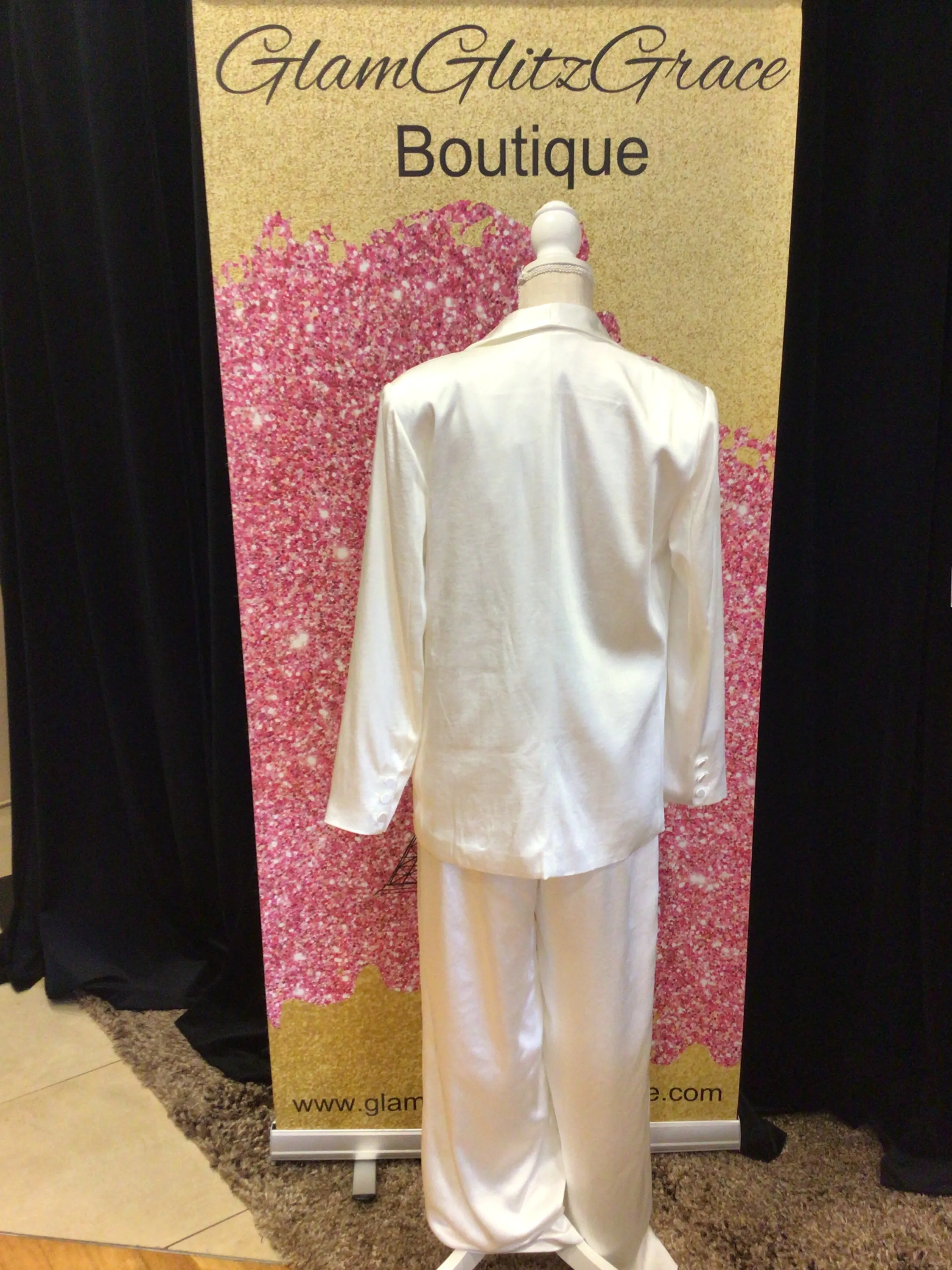 White Satin Blazer Pants Suit Set