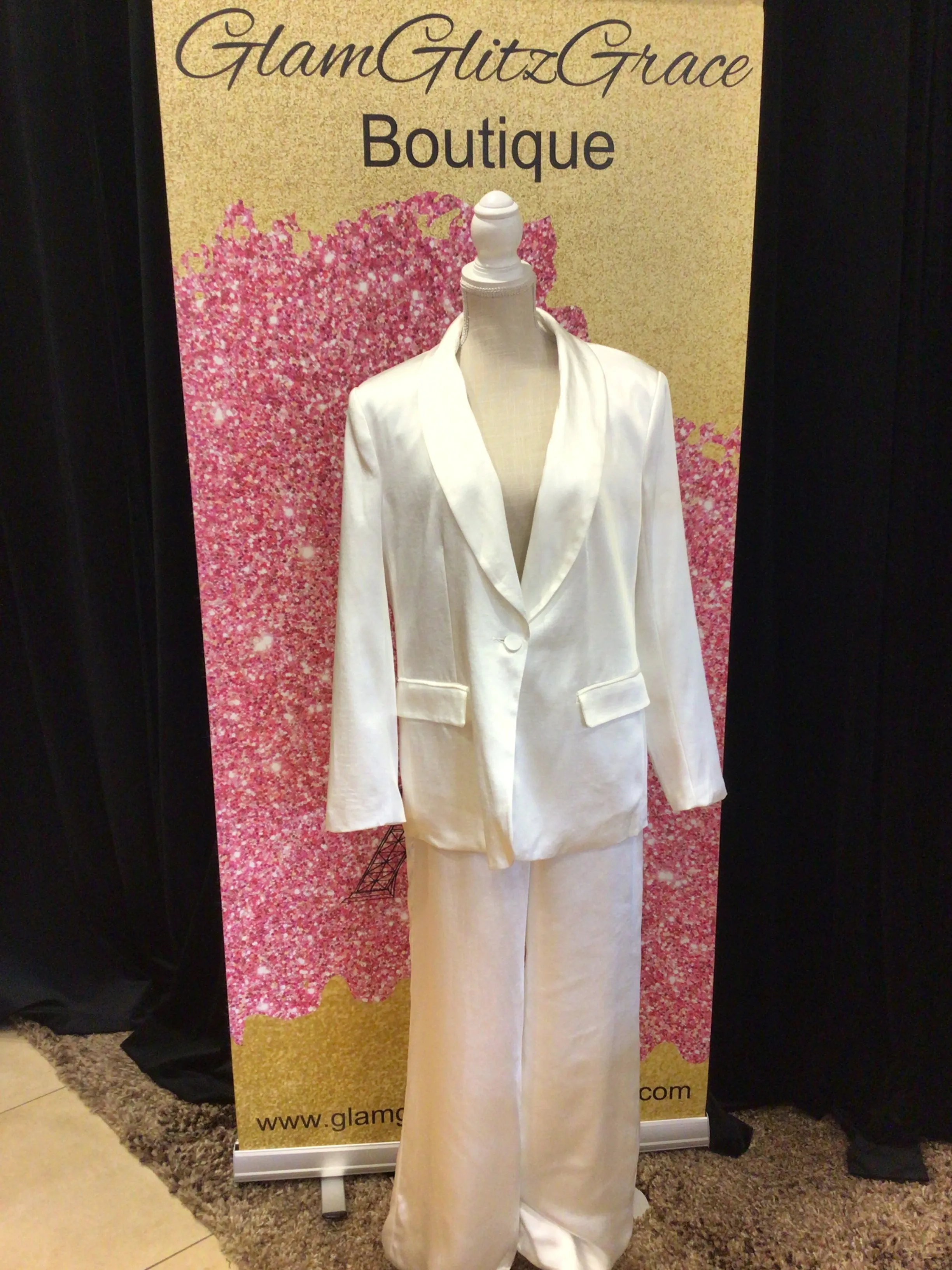 White Satin Blazer Pants Suit Set