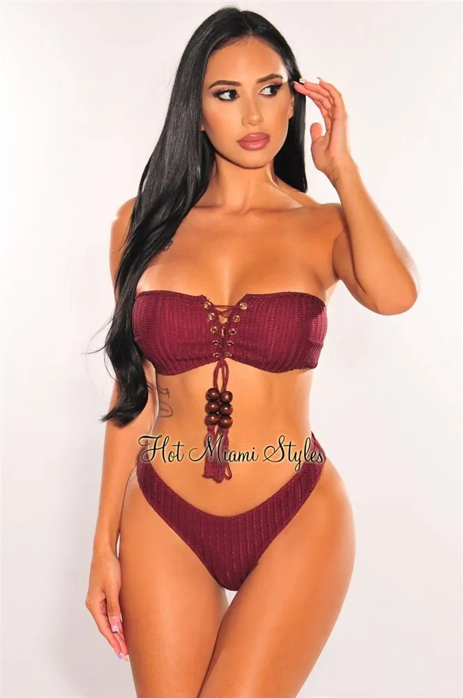 Wine Crochet Bandeau Lace Up Bikini Tie Up Skirt Three Piece Set