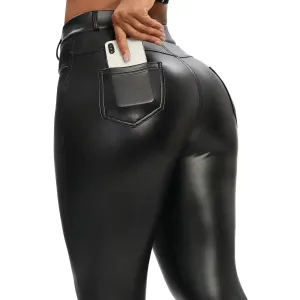 Winter Black Leather Leggings Women Skinny Push Up High Waist Legging PU Pants Stretch Velvet Trousers New Design