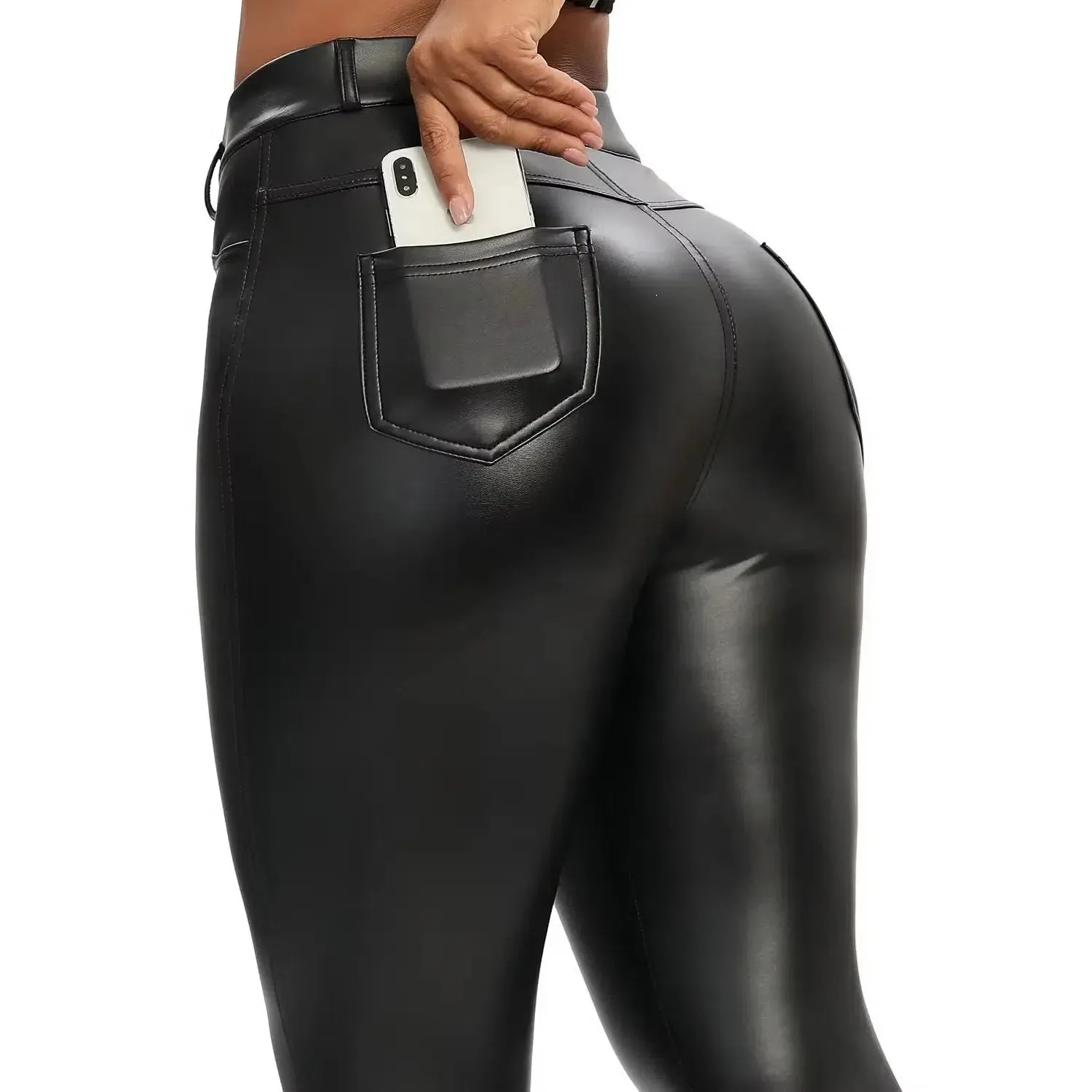 Winter Black Leather Leggings Women Skinny Push Up High Waist Legging PU Pants Stretch Velvet Trousers New Design