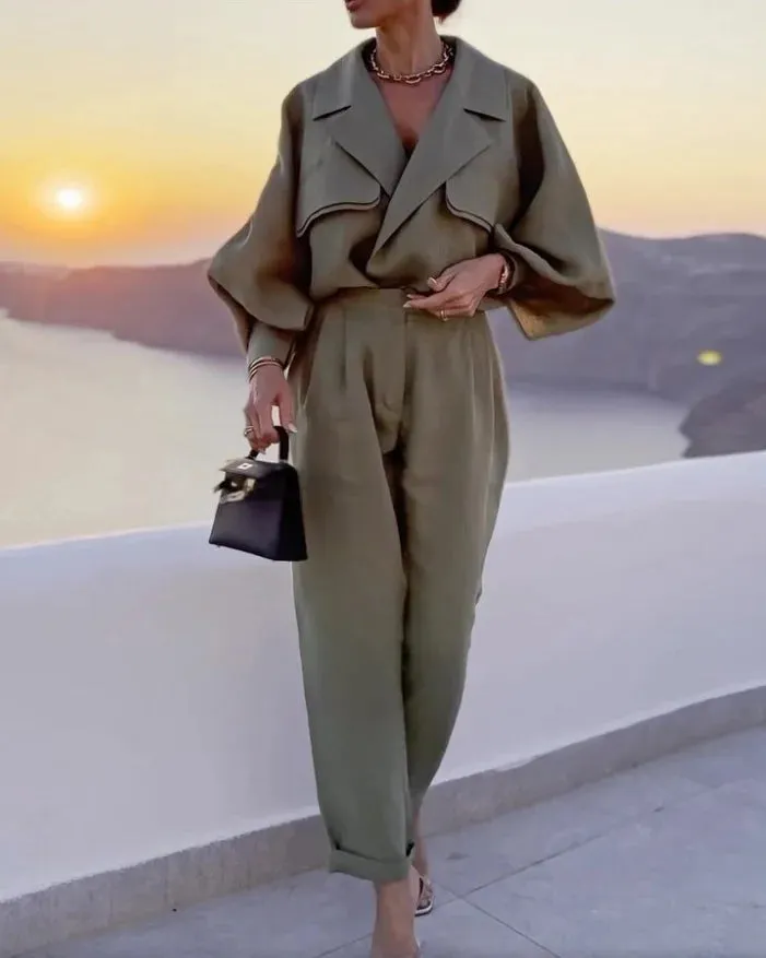Women's Stylish Loose Fit Blazer with Long Pants Two Piece Set | Ideal for Spring/Summer