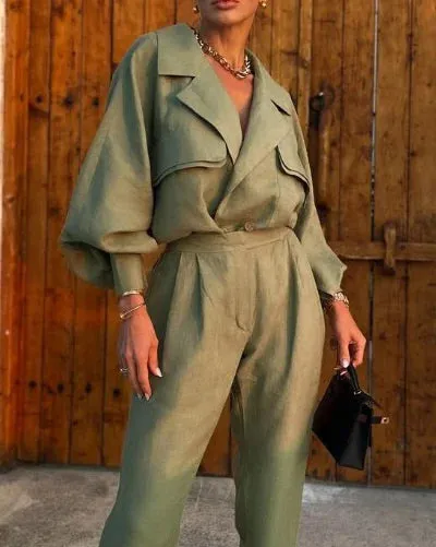 Women's Stylish Loose Fit Blazer with Long Pants Two Piece Set | Ideal for Spring/Summer