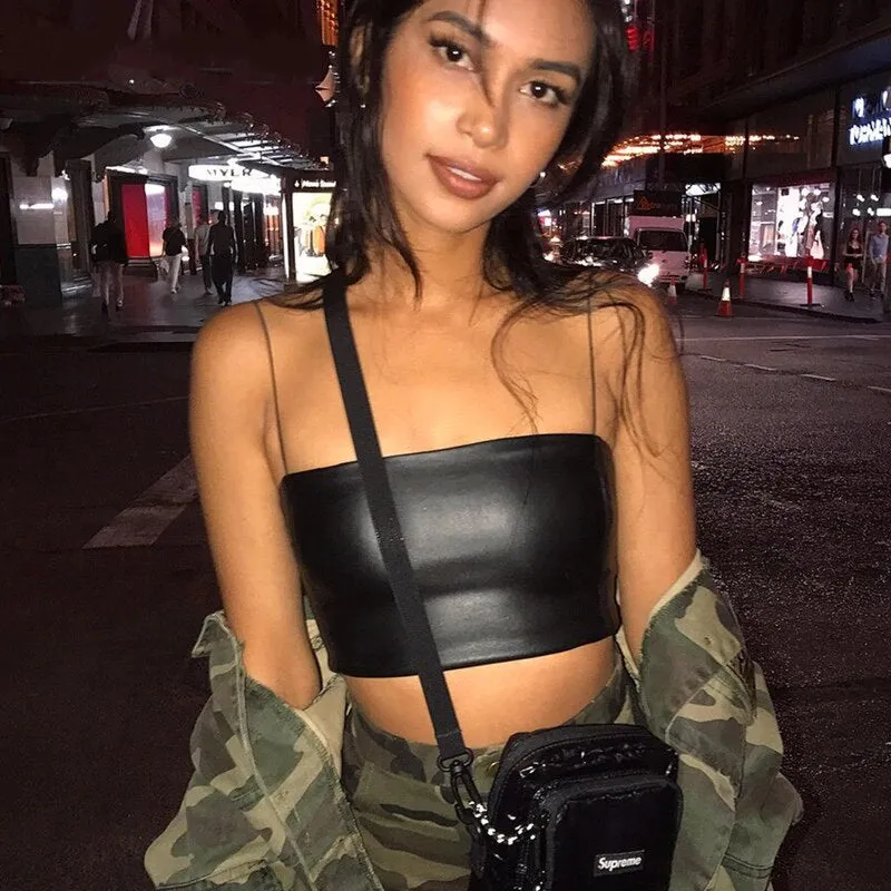 Women's Summer Elastic PU Leather Crop Top