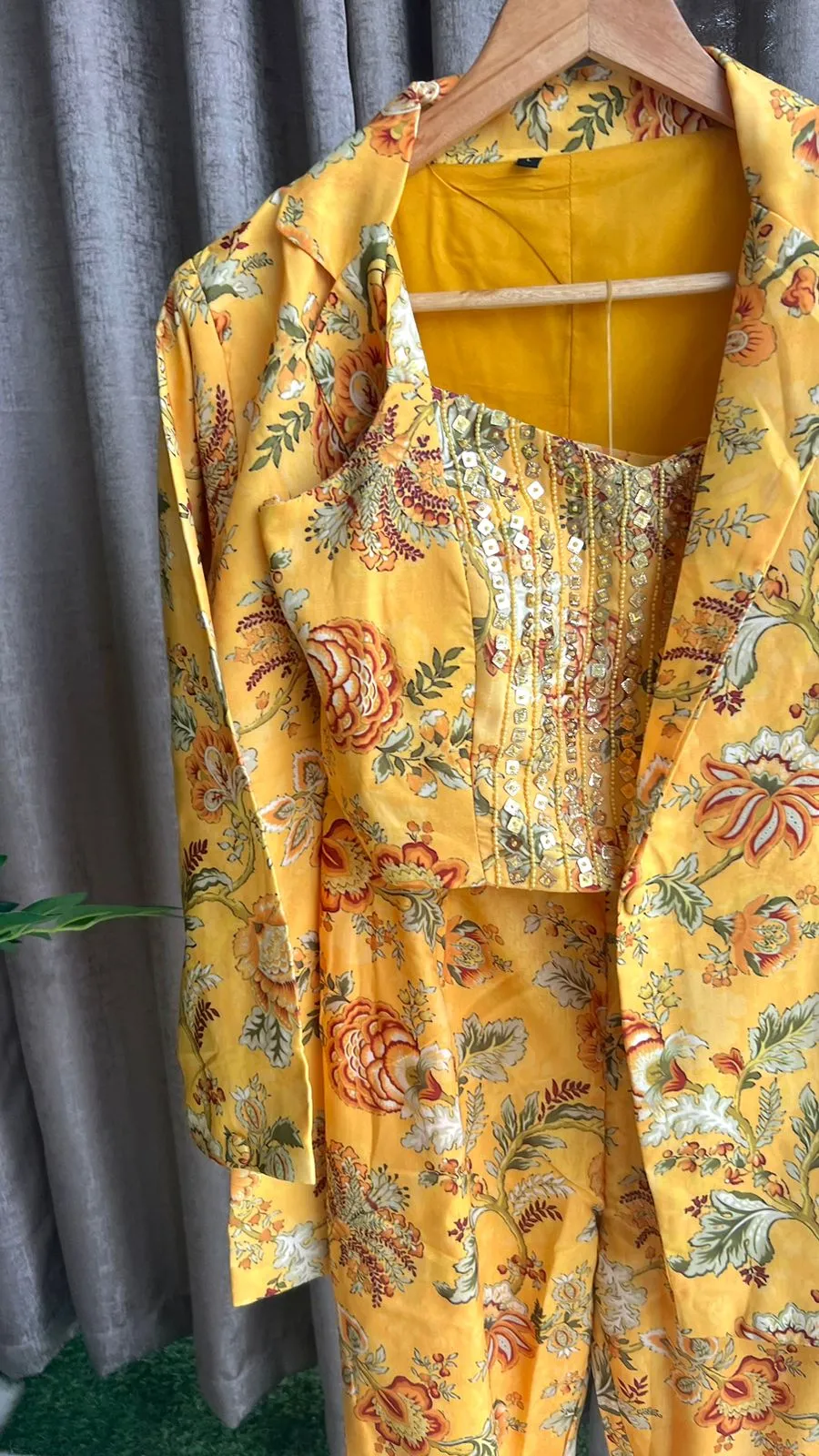 Yellow floral embroidered coord sets