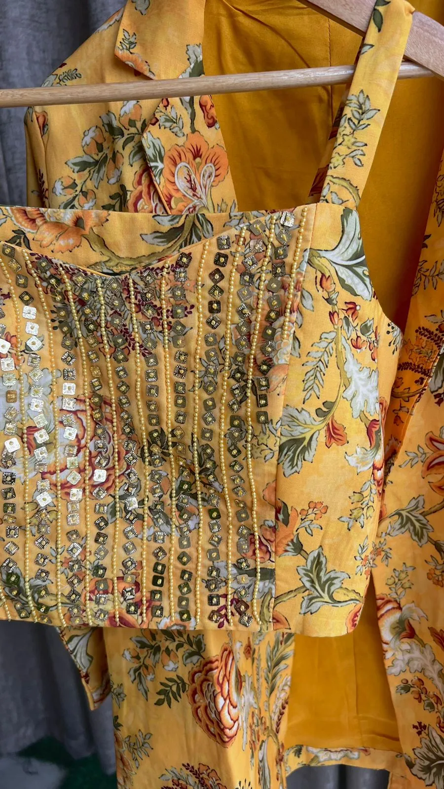 Yellow floral embroidered coord sets