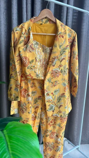 Yellow floral embroidered coord sets