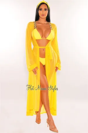 Yellow Mesh Long Sleeves Belted Maxi Cover Up