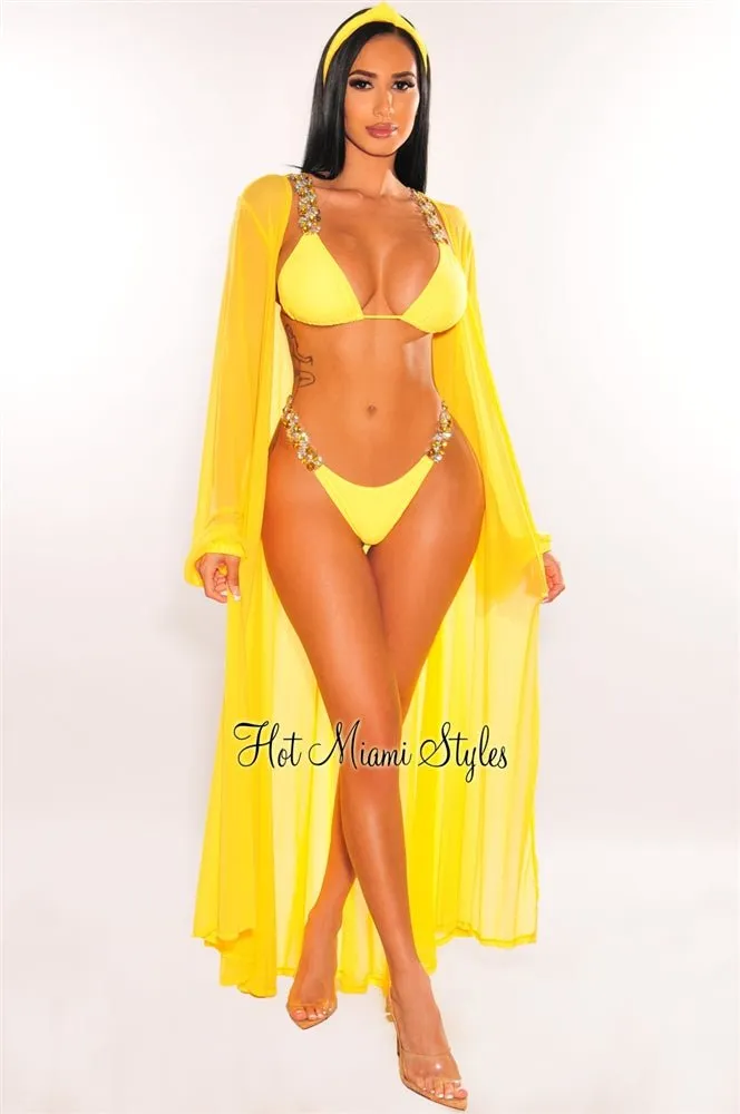 Yellow Mesh Long Sleeves Belted Maxi Cover Up